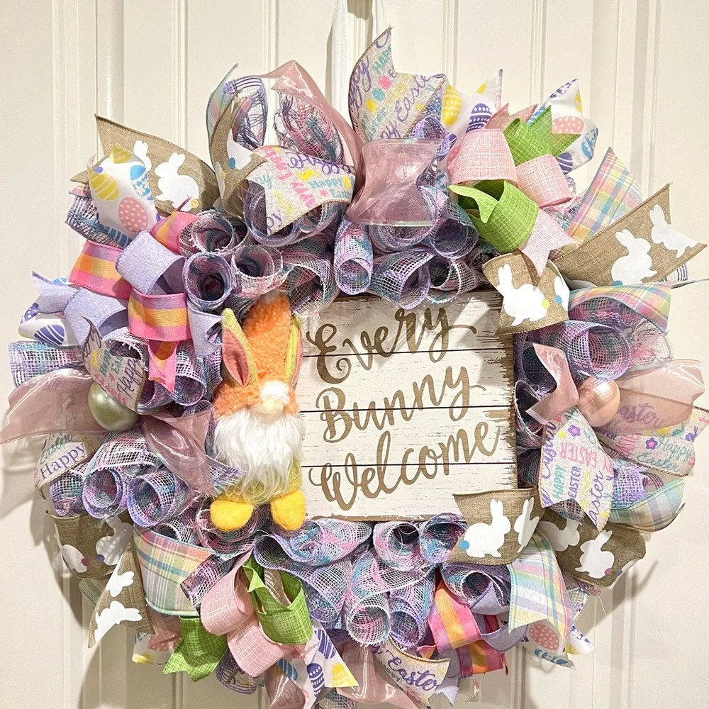 23” Easter Ribbon Wreath Bunny Gnome in Pink, Purple & White Handmade W6